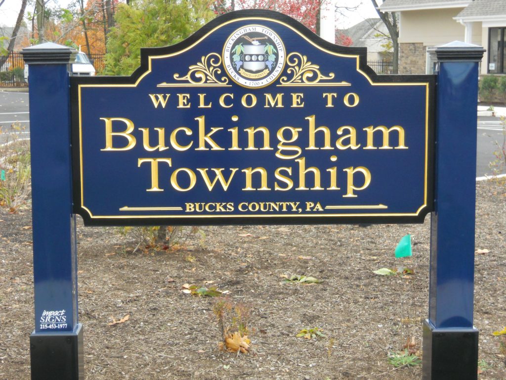 Buckingham Township is carved 23kt. gold leaf HDU sign with digital print back panel applied to sign