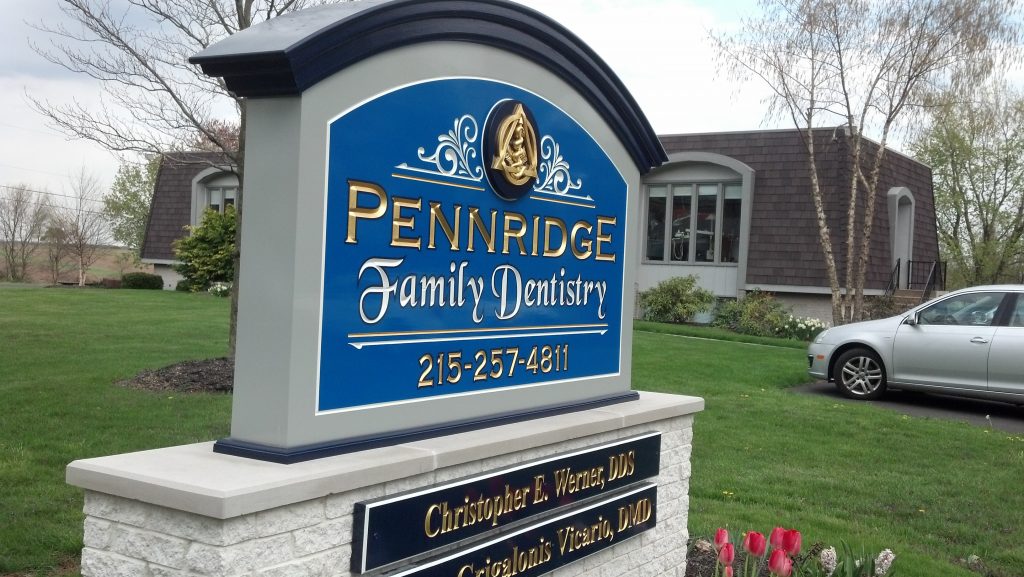 Pennridge Family Dentistry is a carved HDU 23kt. gold leaf sign with applied hand carved logo & HDU custom molding top (SEE WORK IN PROGRESS)
