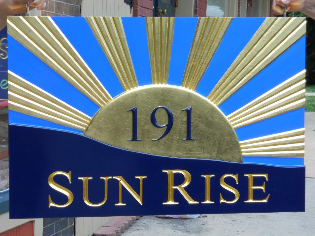 Sun Rise sign is carved HDU 23kt. gold leaf sign with multiple layers (SEE WORK IN PROGRESS)